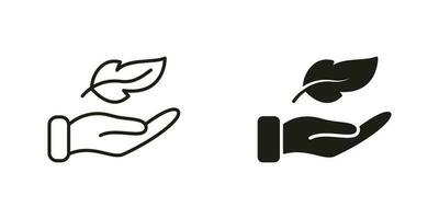 Silhouette And Line Icon Set Of Lightweight Feathers In Hand. Gentle Smooth Feather. Black Pictogram Of Soft And Delicate Feather. Lightweight Symbol Collection. Isolated Vector Illustration.