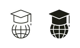 Education in Global World Silhouette and Line Icon Set. Graduation Cap and Online Education Black Sign Collection. Graduation Hat on Top of Globe. Student Cap Pictograms. Isolated Vector Illustration.