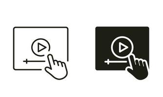 Video Tutorials Silhouette and Line Icon Set. Video Player with Mouse Pointer Black Sign. E-learning and Online Education. Distant Education and Online Webinar Pictogram. Isolated Vector Illustration.