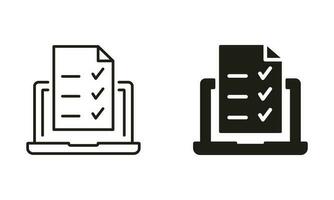 Laptop with Online Form Survey Silhouette and Line Icon Set. Online Exam, Taking Tests, Questionnaires, Checklist on Device Screen. Online Education and Elearning Signs. Isolated Vector Illustration.