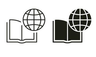 internacional educación silueta y línea icono colocar. global aprendiendo, distancia educación, en línea cursos academia en línea biblioteca. abierto libro con globo negro signo. aislado vector ilustración.