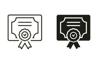 Diploma Silhouette and Line Icon Set. Certificate with License Badge Black Sign. Winner Medal Pictogram. The Award, Grant, Diploma Symbol Collection. Isolated Vector Illustration.