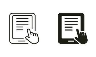 Ebook With Mouse Pointer Silhouette and Line Icon Set. Electronic Book Device for Education and Learning. E-Book Reader, E-reader Black Sign Collection. PC Tablet. Isolated Vector Illustration.