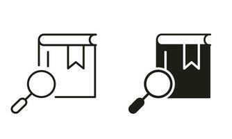 Magnifying Glass with Book Silhouette and Line Icon Set. Search Books Concept. Bookstore Black Sign. Search Button for Web Pages. Library and Bookstore Symbol. Isolated Vector Illustration.