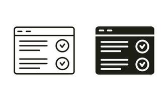 web navegador silueta y línea icono colocar. en línea exámenes, tomando pruebas, cuestionarios o listas de control en línea formar encuesta negro icono. educación y elearning símbolo. aislado vector ilustración.