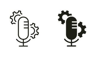 Microphone Sound Configuration Line and Silhouette Icon Set. Microphone and Gear, Cog Wheel Symbol Collection. Audio Recording Settings Pictogram. Isolated Vector Illustration.