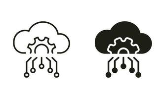 Cloud Computing Configuration Line and Silhouette Icon Set. Cloud Server Setting Pictogram. Digital Cloud with Gear, Configuration Symbol Collection. Isolated Vector Illustration.