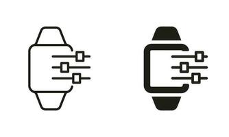 Options of Smart Watch Line and Silhouette Icon Set. Smartwatch Settings Symbol Collection. Control Panel of Electronic Device Pictogram. Isolated Vector Illustration.