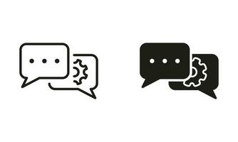 Speech Bubble with Gear Configuration Concept Line and Silhouette Icon Set. Settings Chat Pictogram. Dialog Balloon and Cog Wheel Talk Service Symbol Collection. Isolated Vector Illustration.