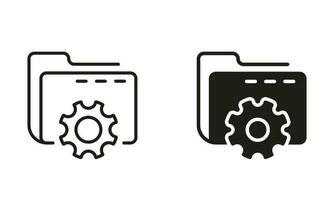 Computer Folder with Gear Line and Silhouette Icon Set. Setting of Data Folder Black Symbol Collection. Options and Configuration of File or Document. Vector Isolated Illustration.