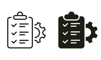 Check List and Cog Wheel Management Plan and Line Icon Set. Gear, Clipboard, Pencil Project Setting Checklist Symbol Collection. Control Document Sign. Isolated Vector Illustration.