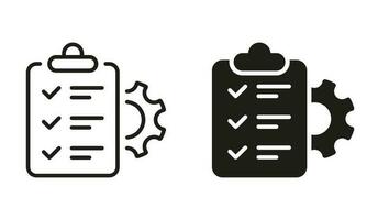 cheque lista y diente rueda administración plan y línea icono colocar. engranaje, portapapeles, lápiz proyecto ajuste Lista de Verificación símbolo recopilación. controlar documento signo. aislado vector ilustración.