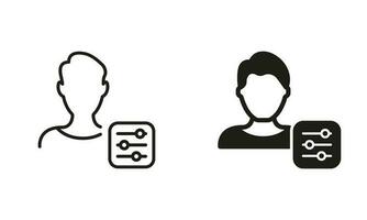 Account Settings Line and Silhouette Icon Set. Profile User Settings Black Pictogram. Control Panel with Man Profile Symbol Collection. Isolated Vector Illustration.