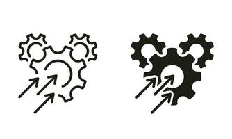 Gear with Increase Arrow Pictogram. Productivity Industry Process Line and Silhouette Icon Set. Operational Production Growth Symbol Collection. Optimize Business Sign. Isolated Vector Illustration.