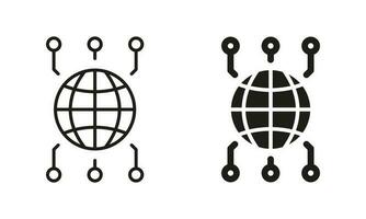 Global Network Line and Silhouette Icon Set. International Grid for Community. Worldwide Network Symbol Collection. Cyber Technology Black Sign. Isolated Vector Illustration.