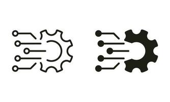 Gear Sign of Business Solution Pictogram. Digital Cogwheel Electronic Technology Network Line and Silhouette Icon Set. Digital Tech Concept Black Symbol Collection. Isolated Vector Illustration.