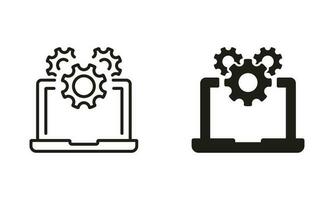 computadora sistema actualizar línea y silueta icono colocar. ajustes y configuración de ordenador portátil pictograma. software Servicio negro símbolo recopilación. técnico apoyo signo. vector aislado ilustración.