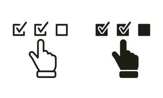 Questionnaire Black Line and Silhouette Icon Set. Hand Tick Checkmark Symbol Collection. Choice Checkbox in Checklist. Digital Application Pictogram. Isolated Vector Illustration.
