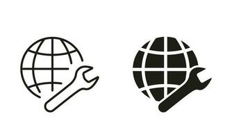 Globe and Wrench Line and Silhouette Icon Set. Network Settings Pictogram. Internet Settings Symbol Collection. Isolated Vector Illustration.