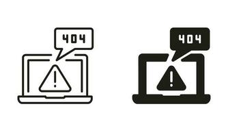 Page Not Found Line and Silhouette Icon Set. 404 Error Page. Laptop with Warning Sign. Trouble With Internet Connection. File Not Found and Broken Page Symbol Collection. Vector illustration.