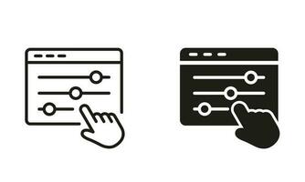 Control Panel Line and Silhouette Icon Set. Adjustment Button with Hand Pictogram. Control Panel and Pointer Sign. Multimedia Adjusting Symbol Collection. Isolated Vector Illustration.