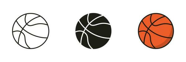 baloncesto pelota silueta y línea icono colocar. pelota para jugar Deportes juego sólido y contorno negro y color símbolo colección en blanco antecedentes. aislado vector ilustración.