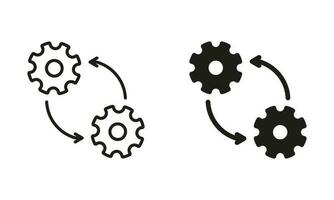 Cog Wheel in Process Line and Silhouette Icon Set. Circular Arrow, Cogwheel, Operation Gear Pictogram. Progress and Workflow Symbol Collection. Isolated Vector Illustration.