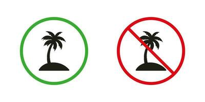 Palm Tree Oil Red and Green Warning Signs. Only Natural Organic Food Ingredient Silhouette Icons Set. Palm Oil Allowed and Prohibited Pictogram. Palm Fat Symbol. Isolated Vector Illustration.