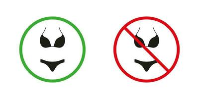 desnudo playa rojo y verde advertencia señales. hembra dos piezas traje de baño silueta íconos colocar. mujer bikini y sostén permitido y prohibido pictograma. trajes de baño símbolo. aislado vector ilustración.