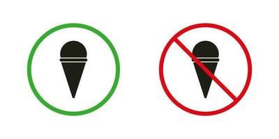 Allowed and Prohibited Entry with Ice Cream Rule Silhouette Icons Set. Eat Food Zone Red and Green Warning Symbol. Information Sign. Isolated Vector Illustration.