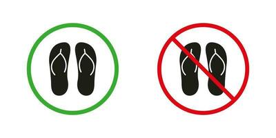 Flip Flop, Summer Slipper Red and Green Warning Signs. Beach Sandal Silhouette Icons Set. Allowed and Prohibited Put Flip Flop Pictogram. Isolated Vector Illustration.