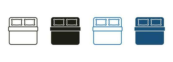 Double Room in Hostel, Hotel, Apartment Black and Color Sign. Double Bed Line and Silhouette Icon Set. Pillow and Blanket Pictogram. Bedroom Symbol Collection. Isolated Vector Illustration.