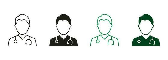 Male Physicians, Medic Assistant Black and Color Pictogram Set. Professional Doctor Man with Stethoscope Line and Silhouette Icons. Medical Specialist Symbol Collection. Isolated Vector Illustration.