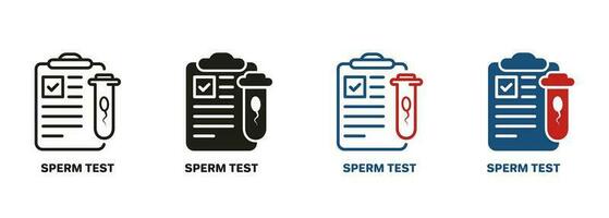 Semen Laboratory Research Pictogram. Sperm Test Result on Clipboard Symbol Collection. Sperm Medical Analysis for Infertility or Paternity Line and Silhouette Icon Set. Isolated Vector Illustration.