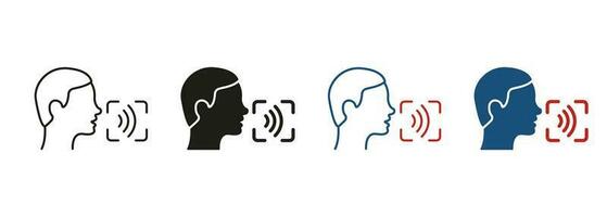 Speak for Access Symbol Collection. Command Voice ID Recognition Technology Line and Silhouette Icon Set. Identification by Voice Pictogram. Voice Assistant. Isolated Vector Illustration.