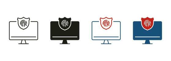 Security Password Access to Server, Shield on Display. Fingerprint Identification Symbol Collection. Computer with Touch ID Technology Line and Silhouette Icon Set. Isolated Vector Illustration.