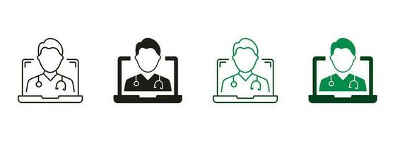 Telemedicine, Virtual Medicine Service Sign. Doctor in Computer, Online Medical Healthcare Pictogram Collection. Online Digital Medicine Line and Silhouette Icon Set. Isolated Vector Illustration.