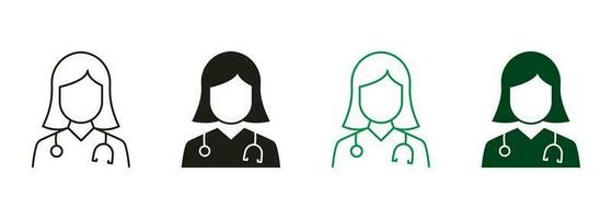 Nurse and Doctor Black and Color Symbol Collection. Professional Doctor with Stethoscope Line and Silhouette Icon Set. Medical Assistant, Physicians Specialist Pictogram. Isolated Vector Illustration.