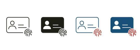 Personal ID Card with Fingerprint Line and Silhouette Icon Set. Plastic ID Card, Employee Identification Sign. Fingerprint Identity for User Security Symbol Collection. Isolated Vector Illustration.