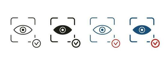 Iris Recognition for Biometric Identification Sign. Eye Scan ID Line and Silhouette Icon Set. Retina Scanner. Vision Scanning Technology for Security Access. Isolated Vector Illustration.