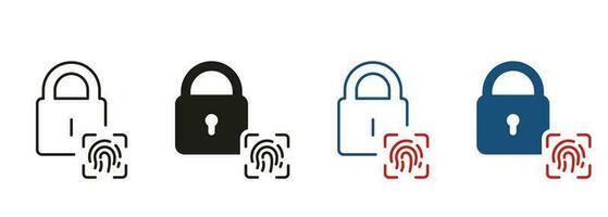 Lock with Fingerprint ID Pictogram. Unique Thumbprint, Safety Privacy Symbol Collection. Padlock and Finger Print Biometric Identification Line and Silhouette Icon Set. Isolated Vector Illustration.
