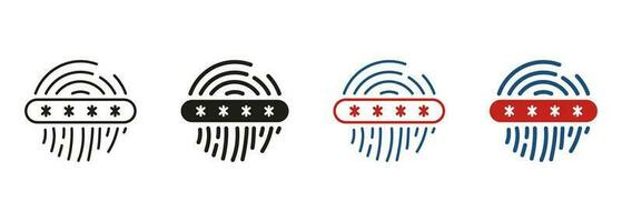 Fingerprint Password, Thumbprint Code Symbol Collection. Touch ID, Privacy Line and Silhouette Icon Set. Unique Biometric Identification. Access by Finger Print Sign. Isolated Vector Illustration.