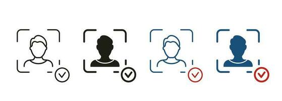 Biometric Identification Technology Symbol Collection. Facial Recognition Pictogram. Verification Sign. Scan Face ID on Smartphone Line and Silhouette Icon Set. Isolated Vector Illustration.