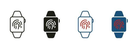 Biometric Identification Pictogram. Smart Watch with Fingerprint. Touch ID Technology in Smartwatch Line and Silhouette Icon Set. Security Touchscreen Symbol Collection. Isolated Vector Illustration.