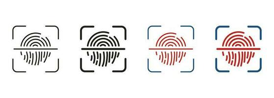 Biometric Identity Line and Silhouette Icon Set. Finger Print Scanner with Lock Symbol Collection. Fingerprint Identification Sign. Touch ID Pictogram. Isolated Vector Illustration.