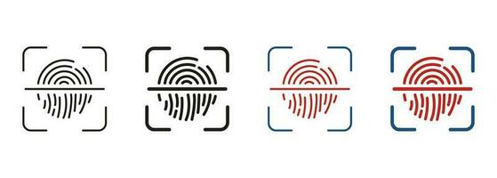 Biometric Identity Line and Silhouette Icon Set. Finger Print Scanner with Lock Symbol Collection. Fingerprint Identification Sign. Touch ID Pictogram. Isolated Vector Illustration.