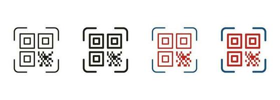 QR Code Scanner Line and Silhouette Icon Set. Instruction to Get Info. Technology Application for Identification Product Symbol Collection. Scan Qrcode Pictogram. Isolated Vector Illustration.