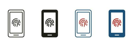 Touch ID in Smartphone Pictogram. Biometric Identity, Finger Print Scanner Symbol Collection. Fingerprint Identification in Mobile Phone Line and Silhouette Icon Set. Isolated Vector Illustration.