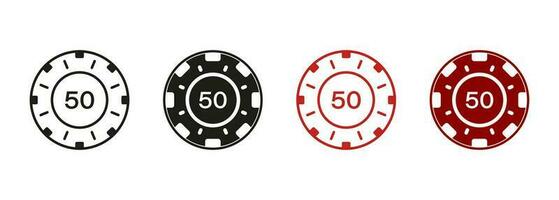 Circle Chip for Vegas Roulette Club Casino. Money Bet Token Pictogram. Poker Chip Line and Silhouette Icon Set. Lucky Coin, Play Risk Gambling Game Symbol Collection. Isolated Vector Illustration.