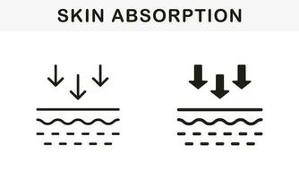 piel absorción línea y silueta negro icono colocar. penetración de uv rayo a piel pictograma. flechas abajo, piel nutrición concepto símbolo recopilación. aislado vector ilustración.